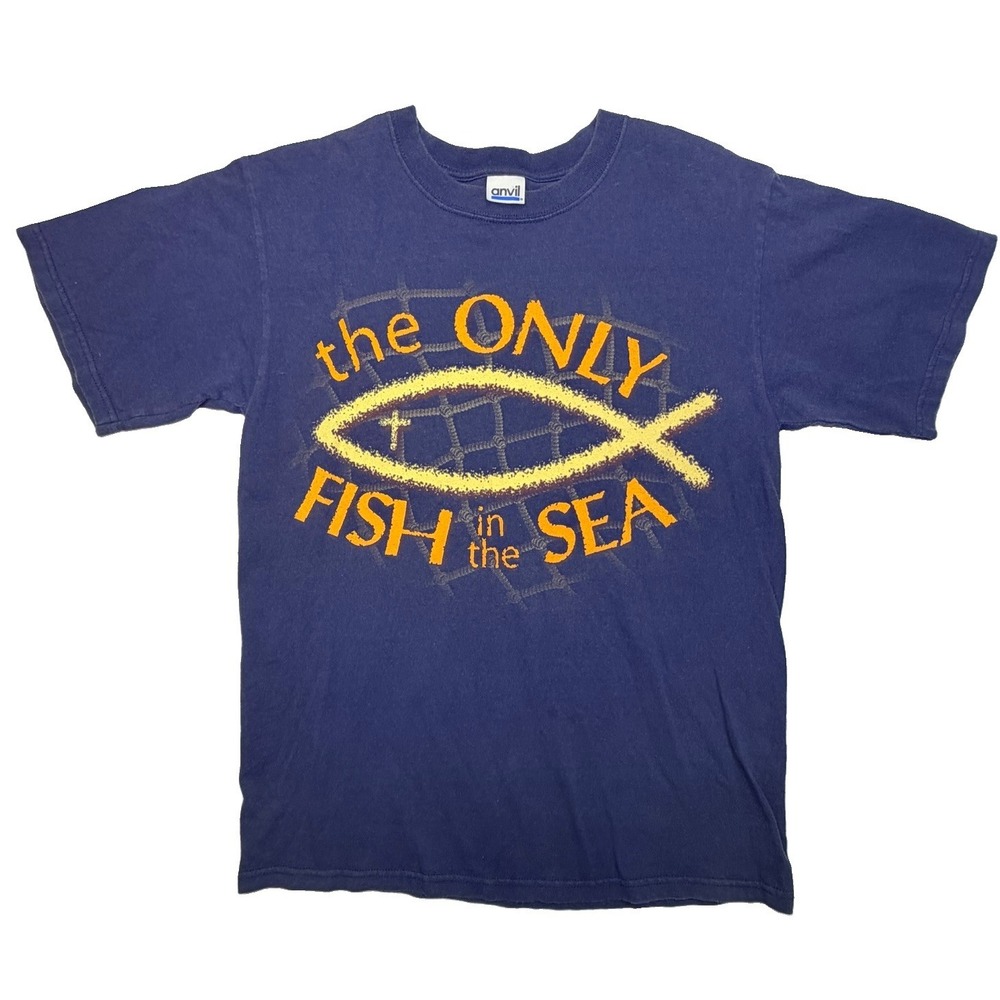 Vintage Y2K Christian Jesus Fish Tee Men M Anvil Navy Religious Graphic